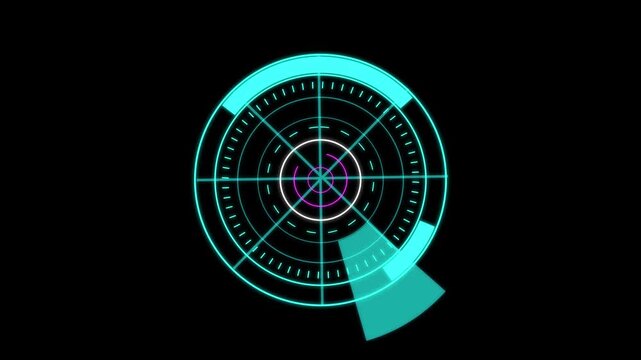 Futuristic HUD radar scope screen animation with glowing cyan digital target interface and rotating circle crosshair elements loop on black background for cyber technology