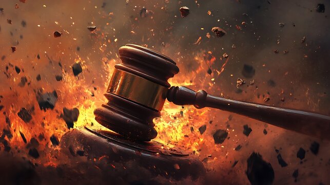 Gavel engulfed in flames and debris, symbolizing intense legal conflict or decision.
