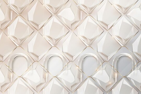 Abstract 3d geometric wall panel with white glossy diamond shapes and metallic gold lines, soft lighting and relief texture