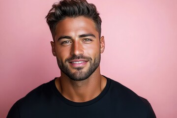 Obraz premium young man with styled hair in black t-shirt against pink background, face intentionally blurred, neutral calm mood