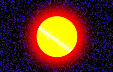 Glowing yellow sun with orange halo in deep space, surrounded by colorful stars on a dark cosmic background © Anidiadigital
