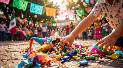 Fototapeta premium Boy collecting candies from broken pinata at Mexican street fiesta. Colorful confetti and papel picado decorations with flags and balloons. Traditional childrens game in cultural holiday celebration