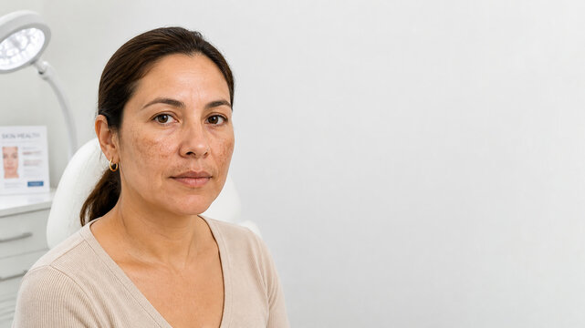 Facial melasma with pigmentation on cheeks, upper lip, and forehead. Clinical portrait for skincare, dermatology, and treatment campaigns.