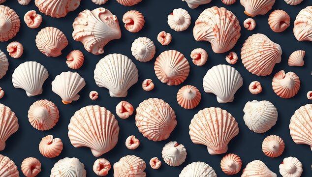 Elegant marine shells pattern with soft pink and white tones on dark background