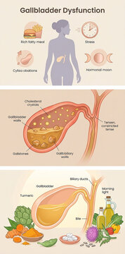 Infographic about gallbladder dysfunction showing gallstone formation, bile flow changes, and diet-related risk factors with treatment guidance.
