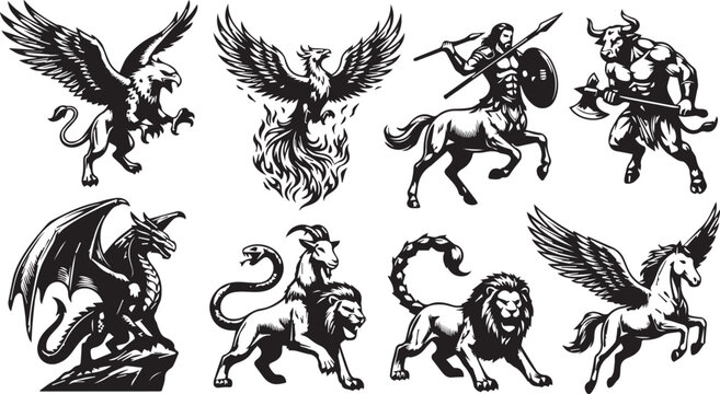 Mythological creatures and legendary beasts vector set with griffin, phoenix, dragon, and centaur silhouettes