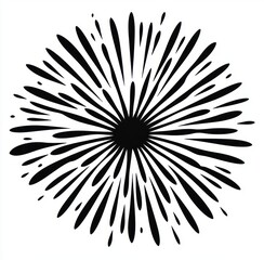 Obraz premium Bold black radial burst with teardrop-shaped petals radiating from a dense circular center on a white background, expressive energetic abstract floral explosion