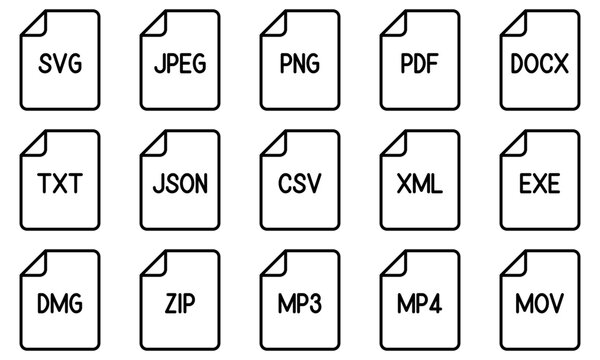 Minimalist black and white file format extension document icon set vector illustration