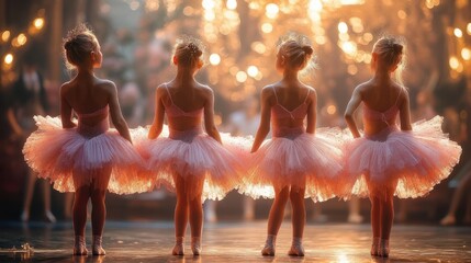 Obraz premium Four young ballerinas in pink tutus and tiaras on a softly lit stage, poised and glowing with graceful anticipation amid warm golden bokeh