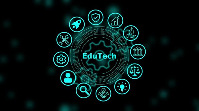 Edu tech digital concept with glowing cyan circular interface and central text on a dark background with abstract light particles and gear shapes