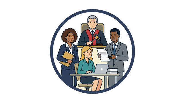Diverse legal team working together in a courtroom setting.