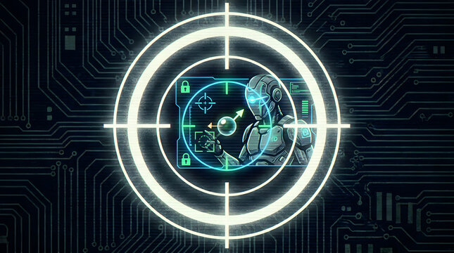 Cybersecurity AI robot targeting concept on circuit board noise grain overlay style