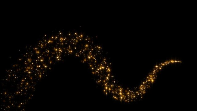 golden stars and dust light wave trail strings isolated alpha channel animation, shiny and glowing glitter sparks, Christmas and new year motion design element