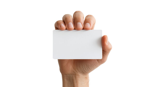 Isolated male hand holding an empty blank white card for presentation template mockup.