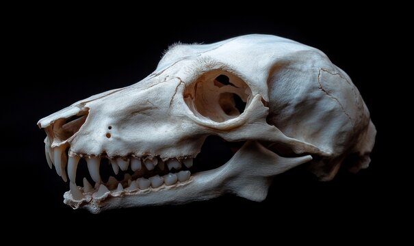 Side profile of a bleached canine skull with exposed sharp teeth and hollow eye socket against a dark background, evoking eerie clinical stillness