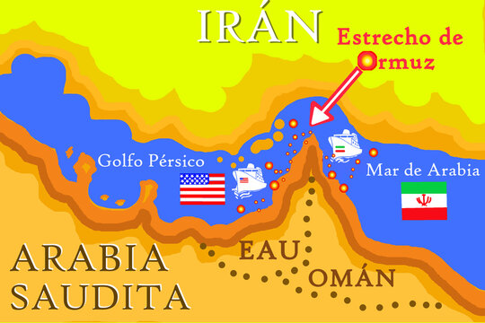 Estrecho de Ormuz bloqueo barco petrolero Ir&aacute;n y USA petr&oacute;leo, guerra, bandera y explosi&oacute;n mapa fuego ataque crisis Strait of Hormuz war oil ship alto el fuego acuerdo cease fire negociaci&oacute;n iran war