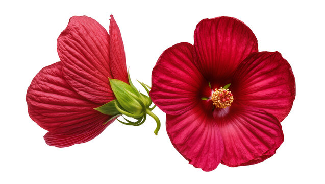 Isolated vibrant red hibiscus flowers, a fully open blossom and a green bud side by side