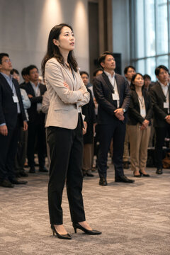 腕を組んでプレゼンテーションを見つめる女性会社員