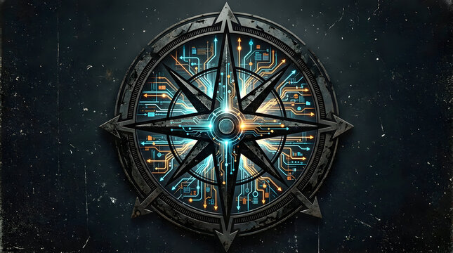 Futuristic digital compass with glowing circuit board patterns, noise grain overlay style