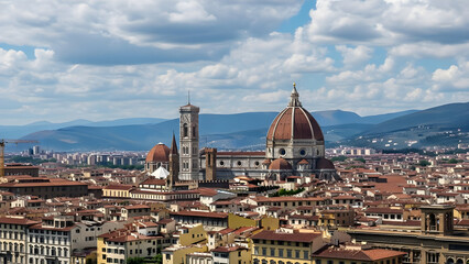 Fototapeta premium Panoramic view of the historic Renaissance cityscape featuring the iconic terracotta dome and medieval bell tower under a bright blue summer sky