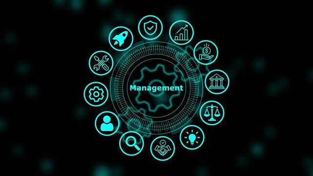 Management word surrounded by glowing cyan circular with business and technology symbols on a dark background with digital gear patterns
