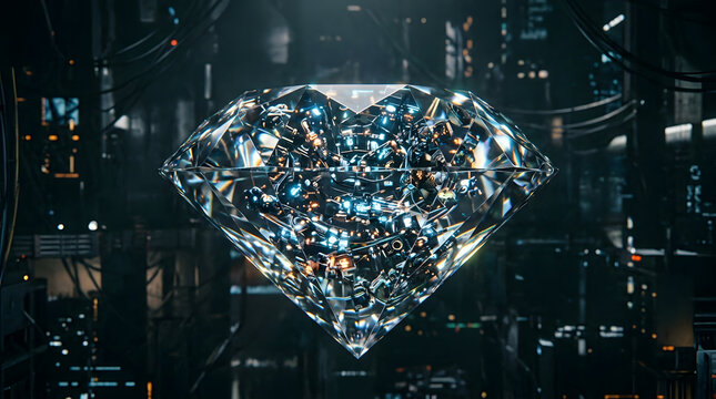 Futuristic sci-fi cyberpunk diamond with neural network core noise grain overlay style