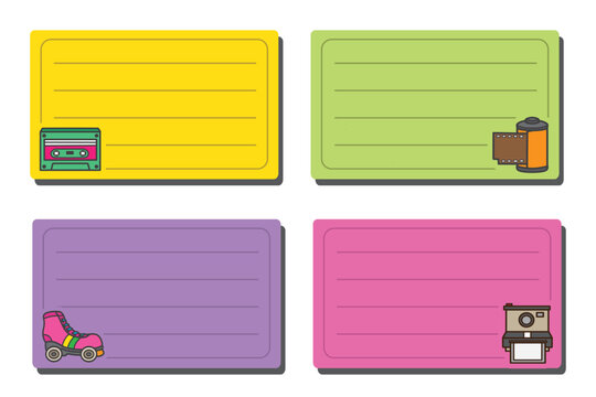 set of label notebook with 90s theme good sticker, badge, school name tag, etc