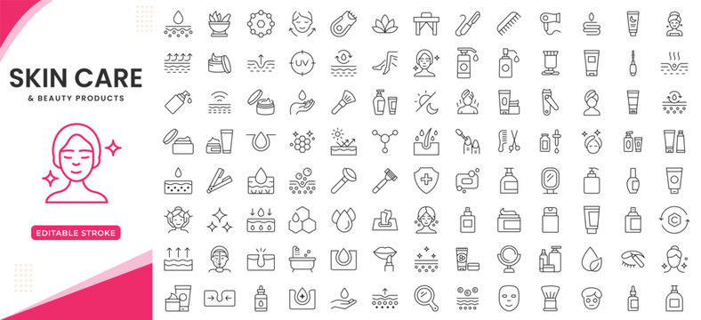 Skin care icon set in editable stroke. Wellness and body spa anti ageing, pore tighten, cosmetology, spa treatments, massage, hyaluronic acid, serum. Cosmetics and Spa line icons vector illustration