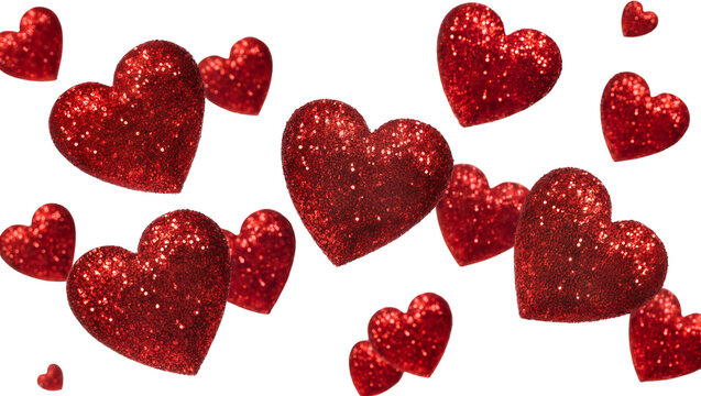 Isolated red sparkling glitter hearts in different sizes, vibrant symbols of love and romance