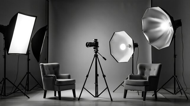 Studio photography setup with professional lighting equipment, camera, tripod, and two chairs in a monochrome studio environment