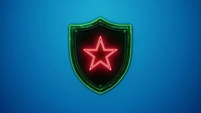 Green shield emblem with red star glowing softly against a deep blue gradient background