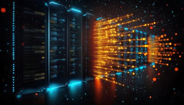glowing server cabinets and cascading golden data streams in a dark data center evoking speed, energy, and futuristic digital connectivity