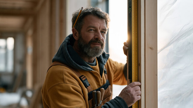 A door-hanging tradesman checks a spirit level against a freshly installed timber frame in a half-finished hallway, pencil tucked behind his ear and toolbelt loaded with chisels