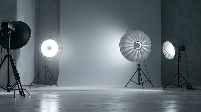 Professional photography studio setup with various lighting equipment, creating a bright and modern atmosphere for portrait sessions