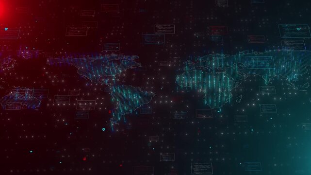 Global cyber threat map visual with teal continents, red alert lighting, floating code boxes, and dark digital depth. Perfect for security videos, tech news, risk reports, and data overlays.