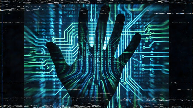 Biometric hand scanner on digital circuit board with noise grain overlay style