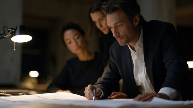 A forensic accountant at a government office reviews a printout of flagged transaction data spread across a wide desk, highlighting inconsistencies with a marker while a second