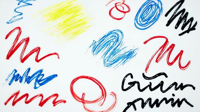 Hand drawn scribbles and circles with yellow blue red and black crayon on white paper surface