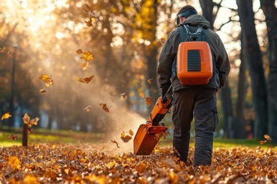 worker using orange backpack leaf blower clearing golden autumn leaves in sunlit park, focused and peaceful