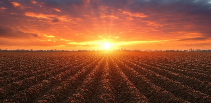 golden sunrise casting sunbeams across a freshly plowed field with deep furrows under a dramatic orange sky, evoking calm and hope