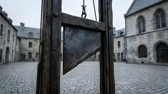 Historical wooden guillotine in an old courtyard