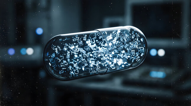 Futuristic nano medicine capsule with microchips inside noise grain overlay style