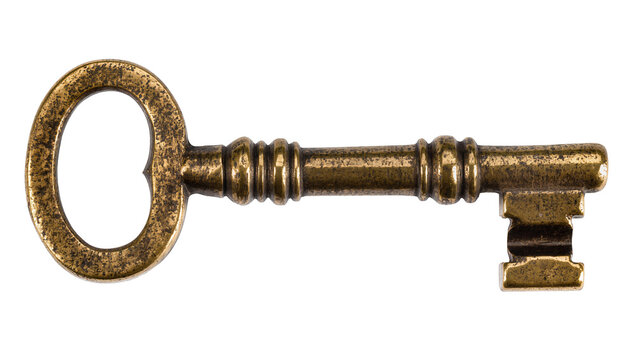 Isolated antique ornate skeleton key, old vintage bronze metal object, security symbol