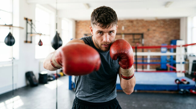 Focused male boxer throwing a punch towards the camera while shadowboxing. Man wearing vintage red gloves training in a gym with a boxing ring