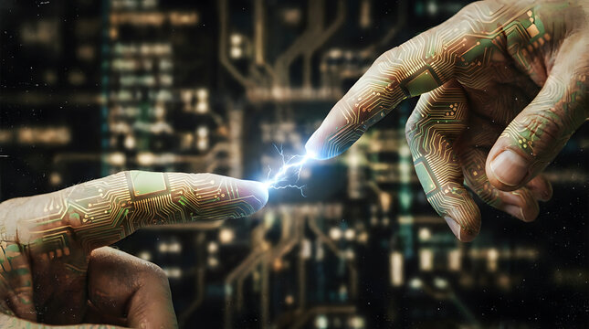 AI technology hands connecting with electric spark noise grain overlay style