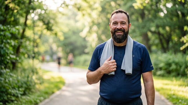 Smiling Man with Towel Walking on Park Path