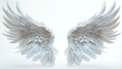 Naklejka premium pair of large white feathered wings floating on a pale background, serene and ethereal