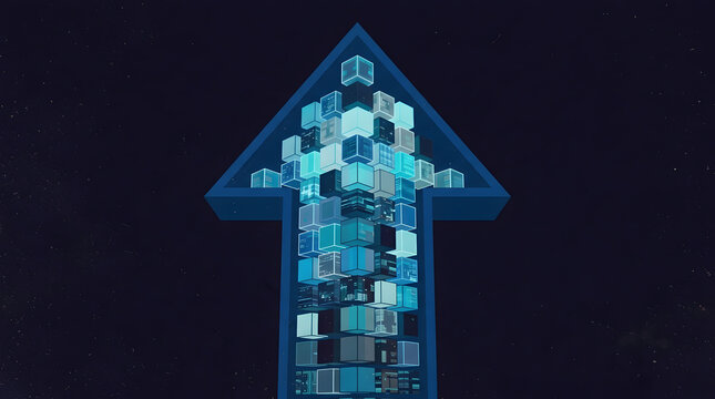 Abstract tech growth arrow with code cubes noise grain overlay style
