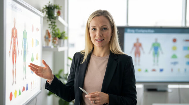 Female healthcare professional presenting human anatomy and fat distribution on digital screen. Blonde nutritionist gesturing towards body chart