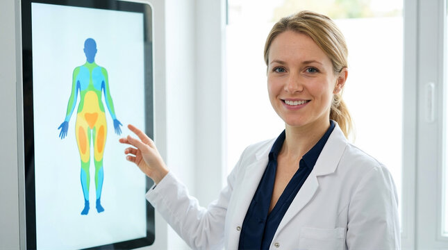Smiling female doctor pointing at body fat distribution map on digital screen. Blonde healthcare professional in white coat explaining human anatomy